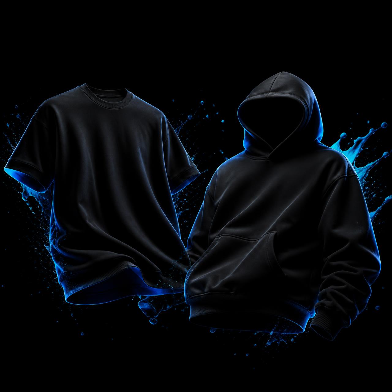 Premium black tee and hoodie with electric blue ink splash